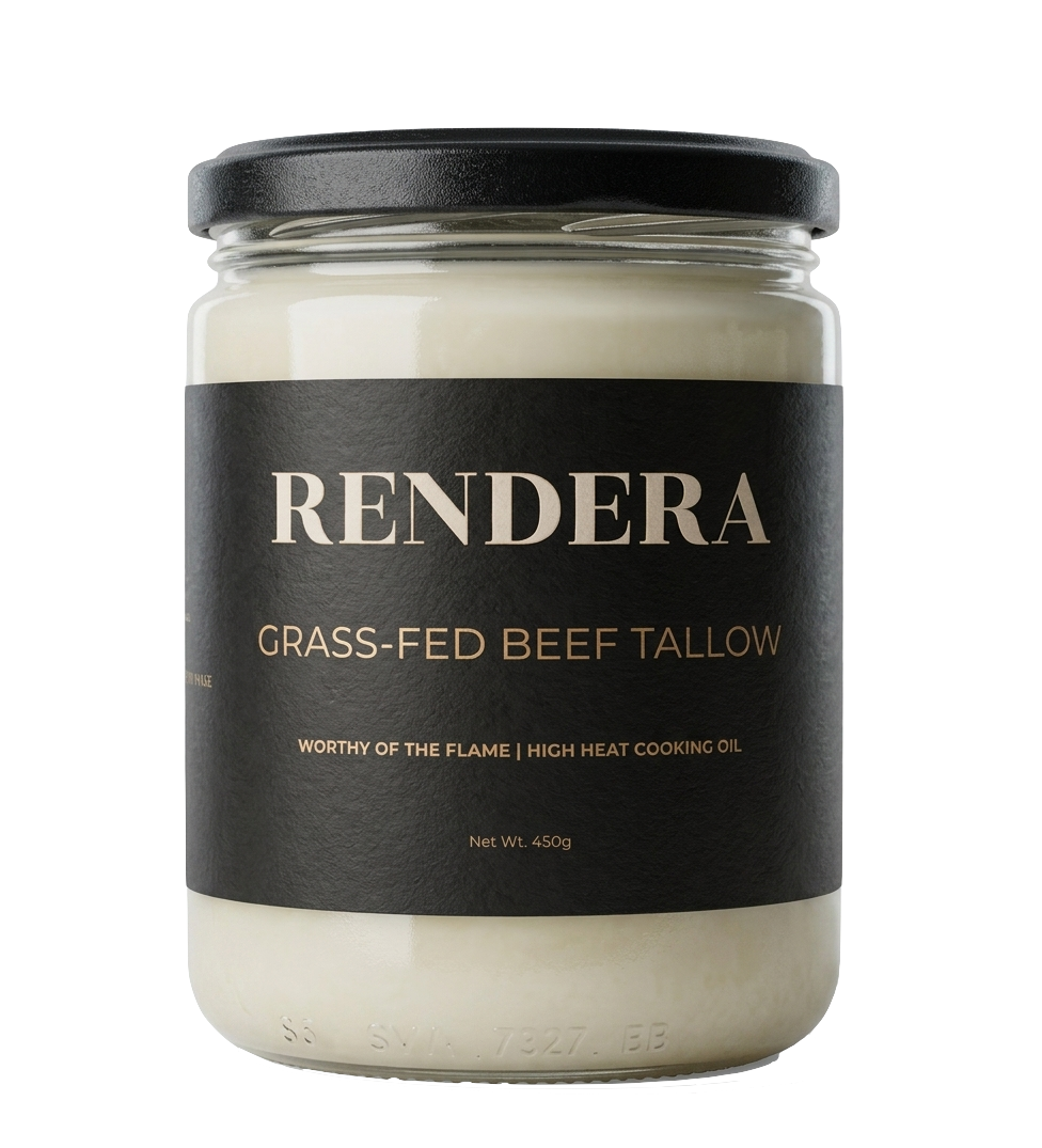 Rendera grass-fed beef tallow in a 450g glass jar
